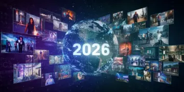 Global television screens showing diverse drama series with a 2026 forecast