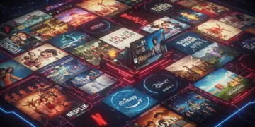 Futuristic interface displaying diverse international streaming shows and awards