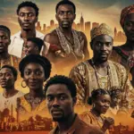 Dynamic montage of African cinema scenes and actors, symbolizing its global rise.
