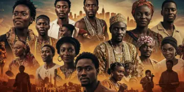 Dynamic montage of African cinema scenes and actors, symbolizing its global rise.