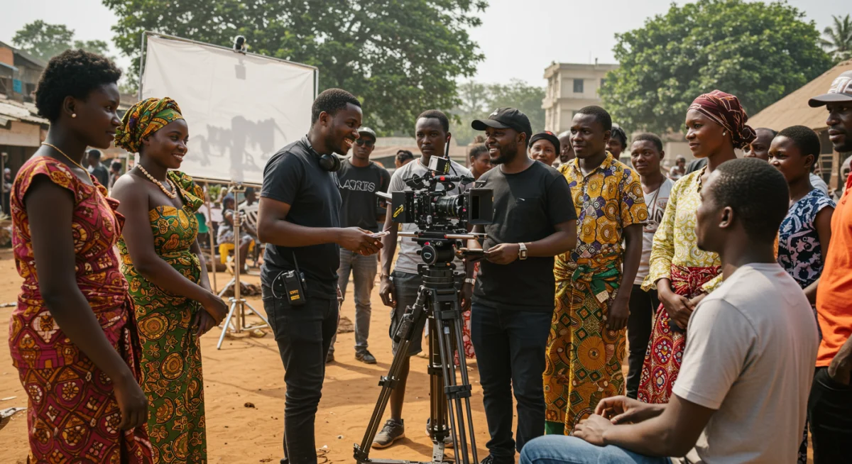 African film director guiding actors on a vibrant movie set.