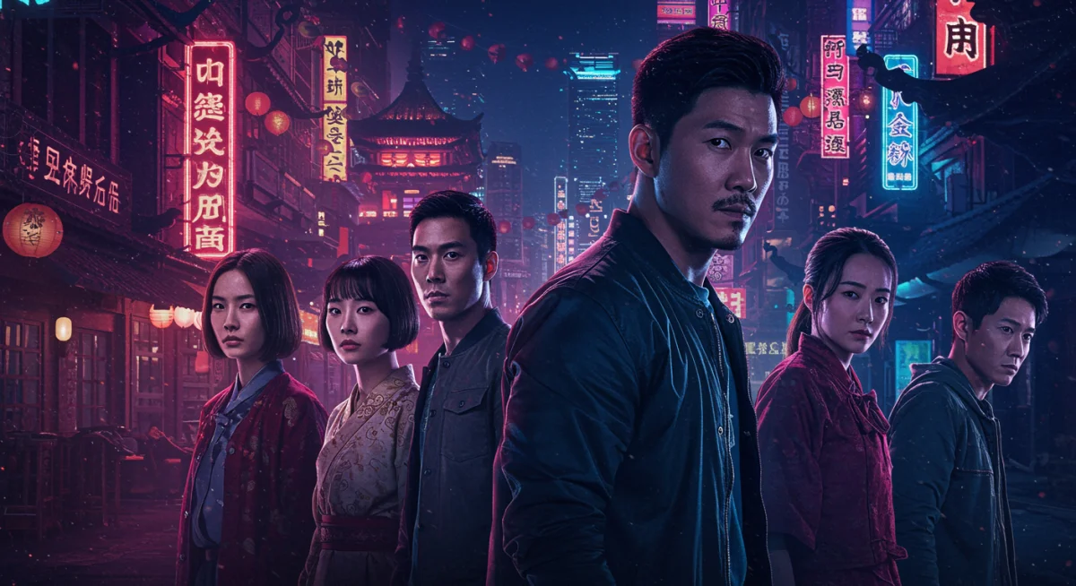 Futuristic Asian limited series poster with diverse cast