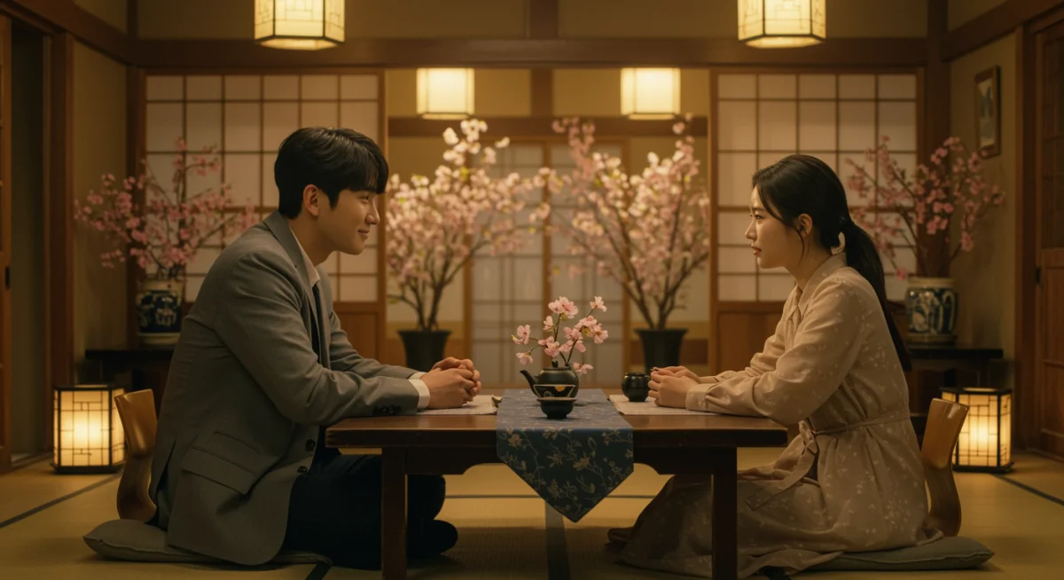 Romantic moment in an Asian drama series