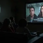 Audience captivated by true crime docuseries on a large screen