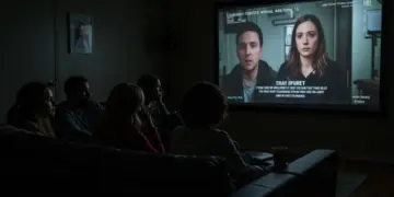 Audience captivated by true crime docuseries on a large screen