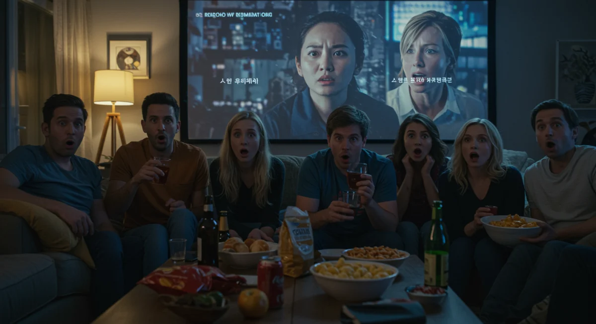 Friends enjoying a global drama binge-watch session in a comfortable living room setting