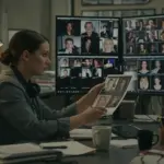 Casting director reviewing audition tapes and headshots in office