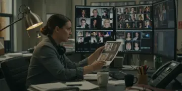 Casting director reviewing audition tapes and headshots in office