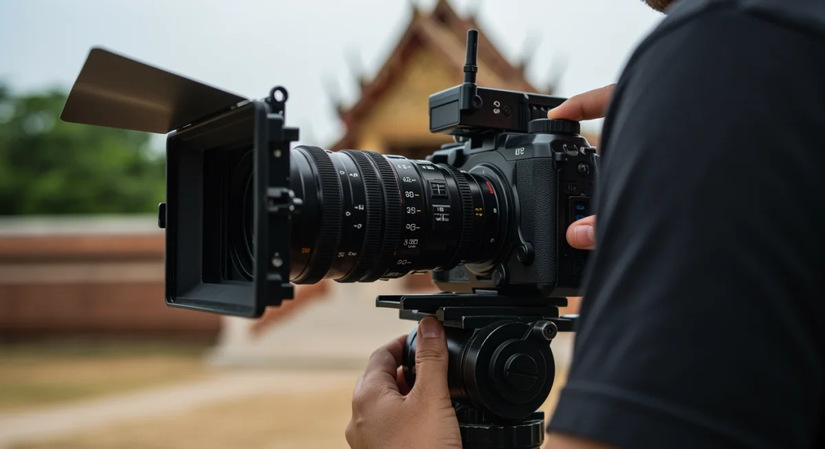 Cinematographer adjusting lens with Asian temple background