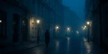 Mysterious figure walking down a dark European street at night, evoking psychological thriller suspense.