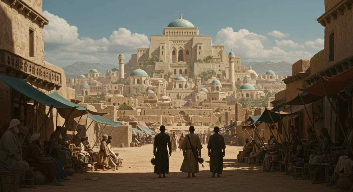 Hyper-realistic digital matte painting of ancient city blended with live-action.