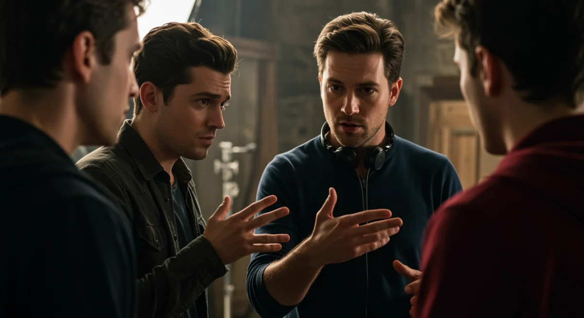 Director discussing scene with lead actors on a film set.