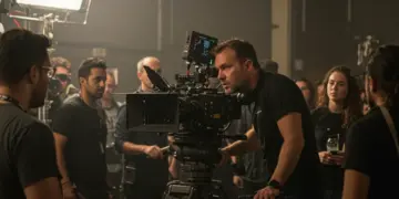 Director on set reviewing a shot, surrounded by film crew and equipment.