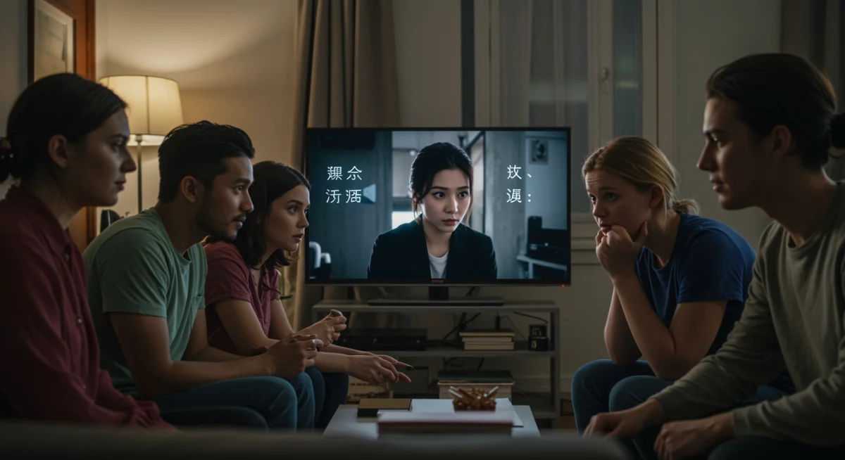 Diverse young adults engrossed in foreign drama with subtitles