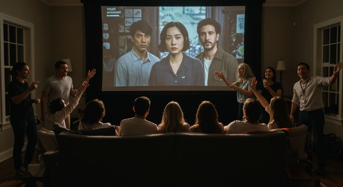 Diverse audience enjoying a global streaming series with subtitles