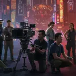 Diverse cinematographers collaborating on futuristic film set