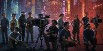 Diverse cinematographers collaborating on futuristic film set