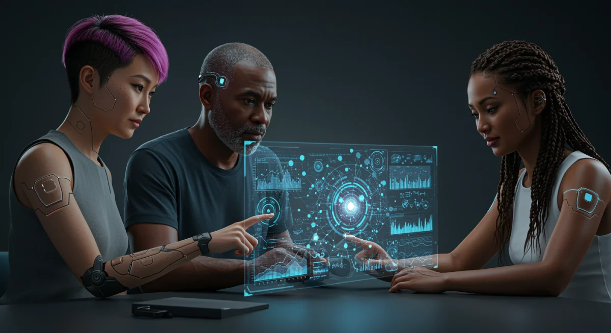 Diverse group with cybernetic enhancements collaborating on holographic data