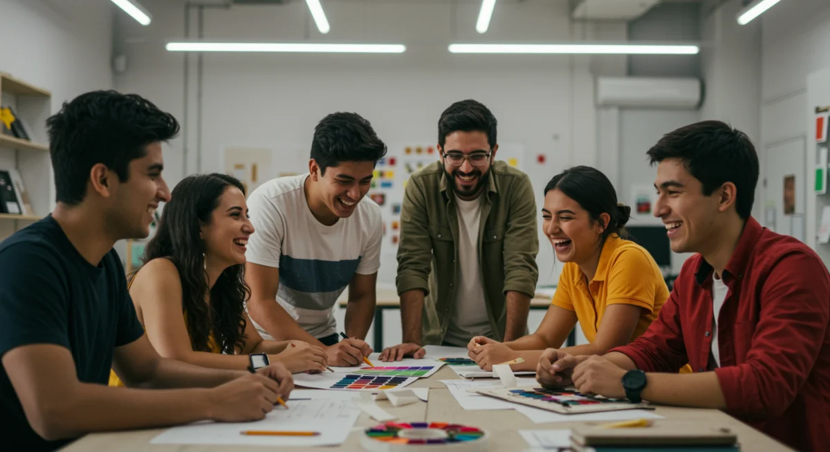 Diverse Latin American youth collaborating on a creative project.