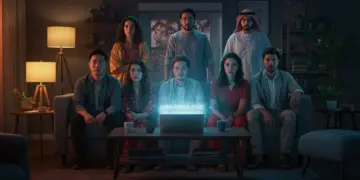 Diverse individuals watching global series, bridging cultures and sharing experiences