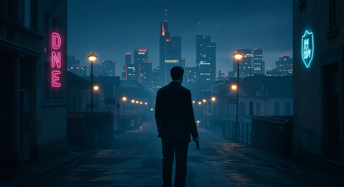 Atmospheric city skyline from a European crime drama series