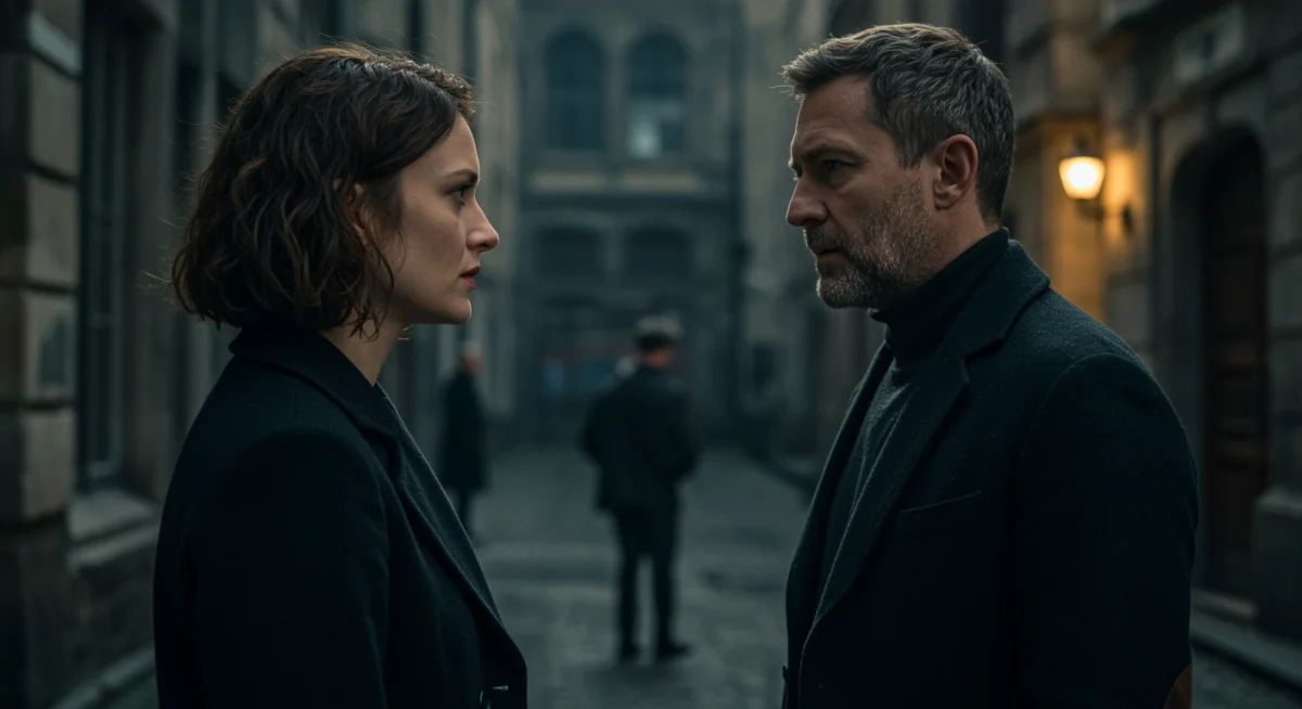 Tense scene from a European drama series