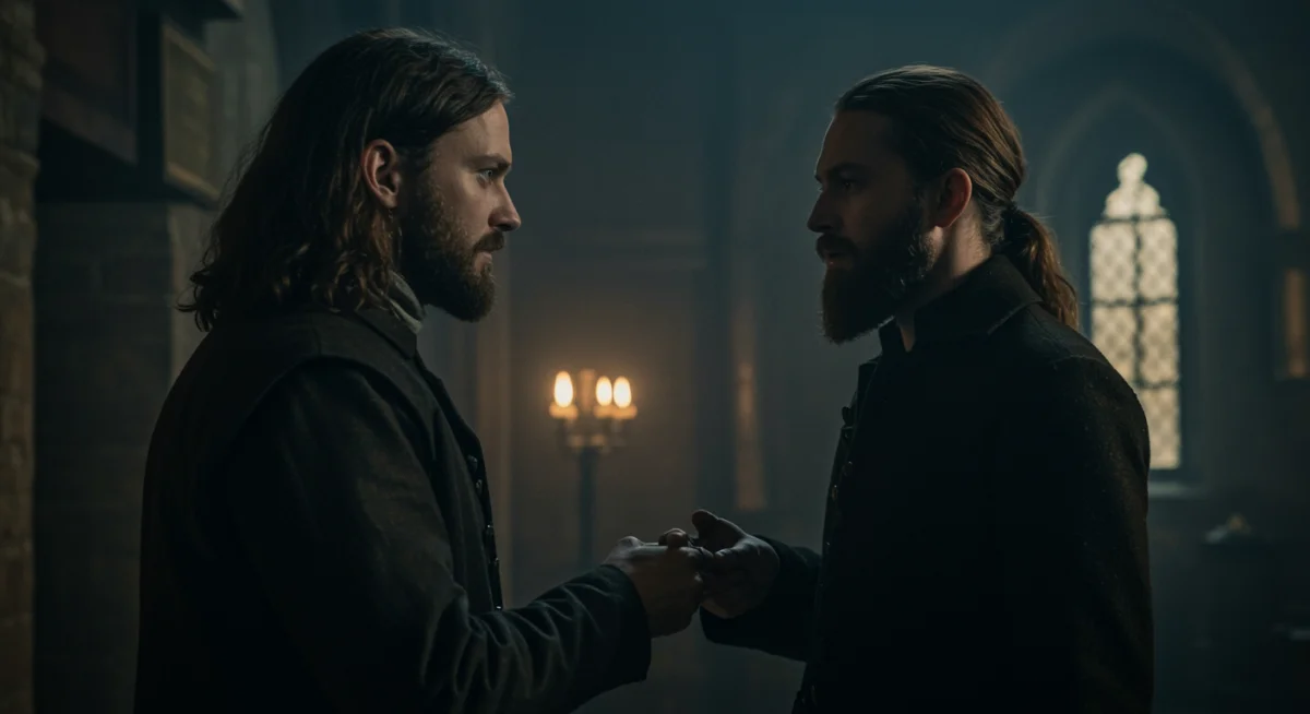 Tense scene from European historical drama series