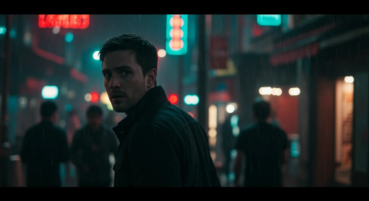 Protagonist in a European city street, reflecting the high stakes of an espionage thriller