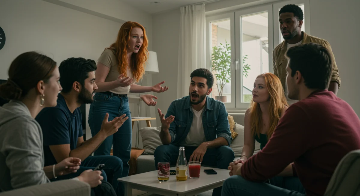 Characters from a European series discussing identity and generational shifts