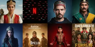 Four European series posters merging with streaming platform logos, representing their cultural impact on U.S. audiences