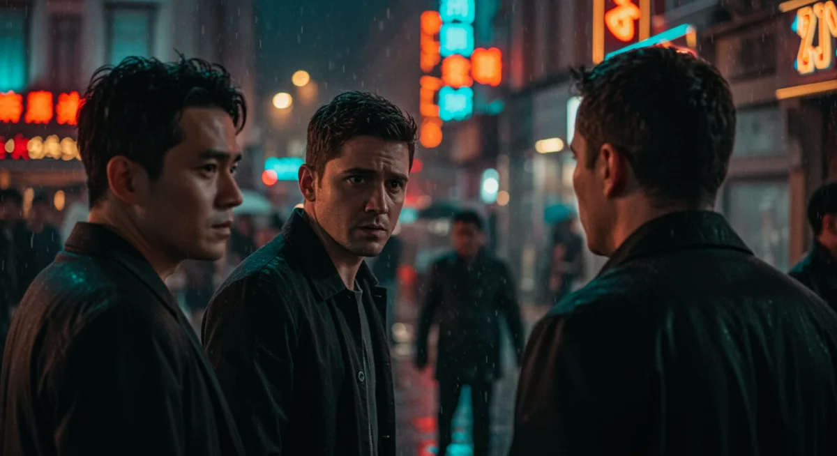 Tense interrogation scene from a European thriller film