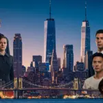 Dynamic visual of European TV shows merging with US streaming platforms, representing international co-productions.