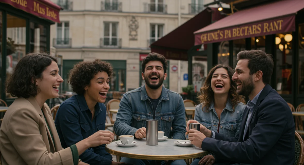 Friends laughing at a Parisian cafe in a French short-form comedy