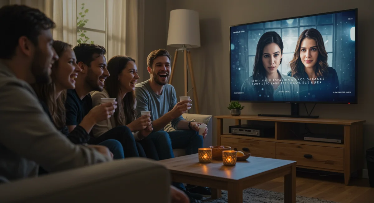 Friends enjoying an international series with subtitles on TV