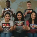 Friends enjoying international short-form series on tablets and phones