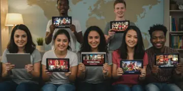 Friends enjoying international short-form series on tablets and phones