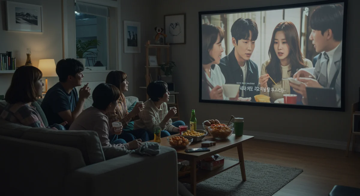 Friends enjoying binge-watching a Korean drama together at home