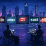 Futuristic city with screens showing global TV, diverse audience watching