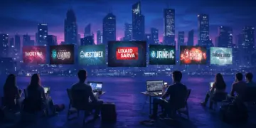 Futuristic city with screens showing global TV, diverse audience watching