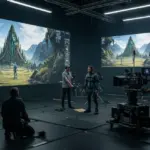 Futuristic film set with virtual production and motion capture technology for 2026 dramas.
