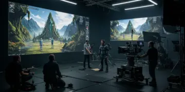 Futuristic film set with virtual production and motion capture technology for 2026 dramas.