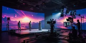 Futuristic film set with advanced LED screens and automated camera rigs for virtual production.