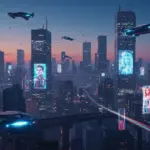 Futuristic cityscape with advanced visual effects, representing the revolution in international series production.