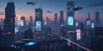 Futuristic cityscape with advanced visual effects, representing the revolution in international series production.