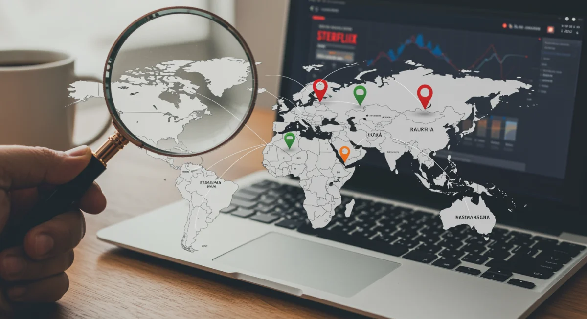 Magnifying glass over world map connecting to US streaming interface