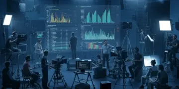 Global film crew collaborating on set with financial projections screen