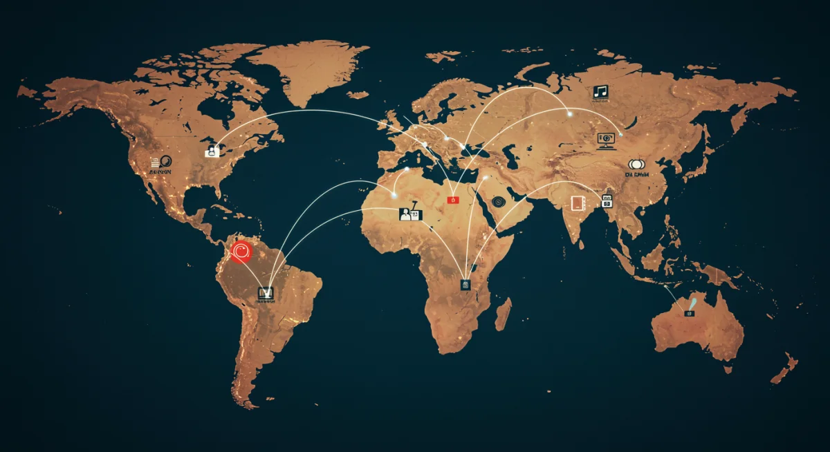 World map with glowing lines connecting continents for global storytelling