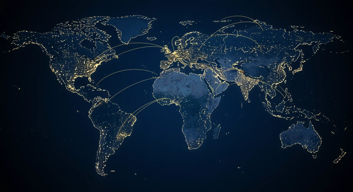Illuminated world map showing global TV content connections