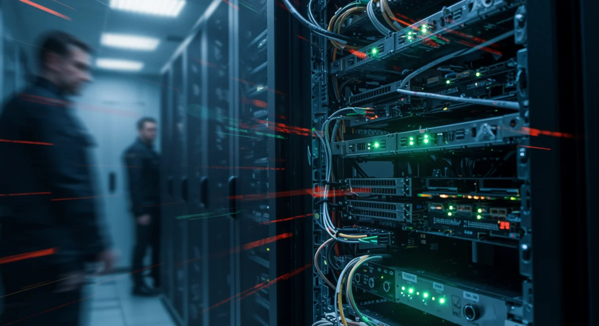 High-tech server room with glowing lights, representing digital espionage