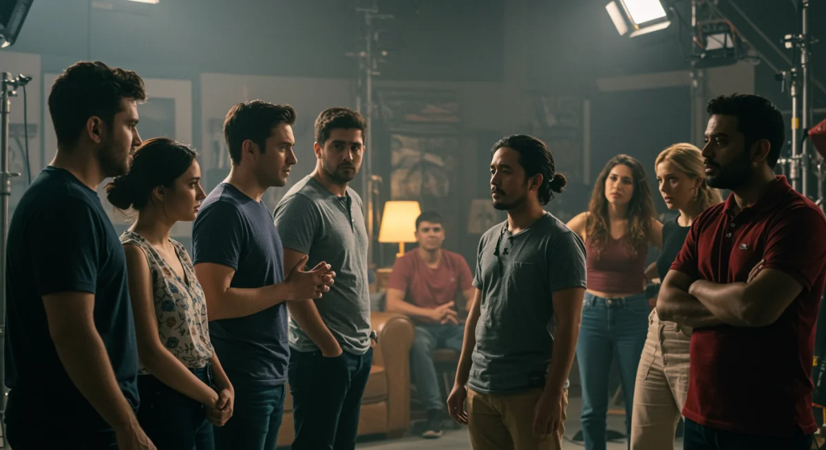 Diverse cast on set, symbolizing international collaboration in drama